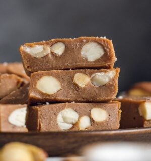 pieces of Brazil nut fudge filled with whole Brazil nuts and made with cacao and maple syrup