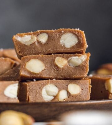 pieces of Brazil nut fudge filled with whole Brazil nuts and made with cacao and maple syrup