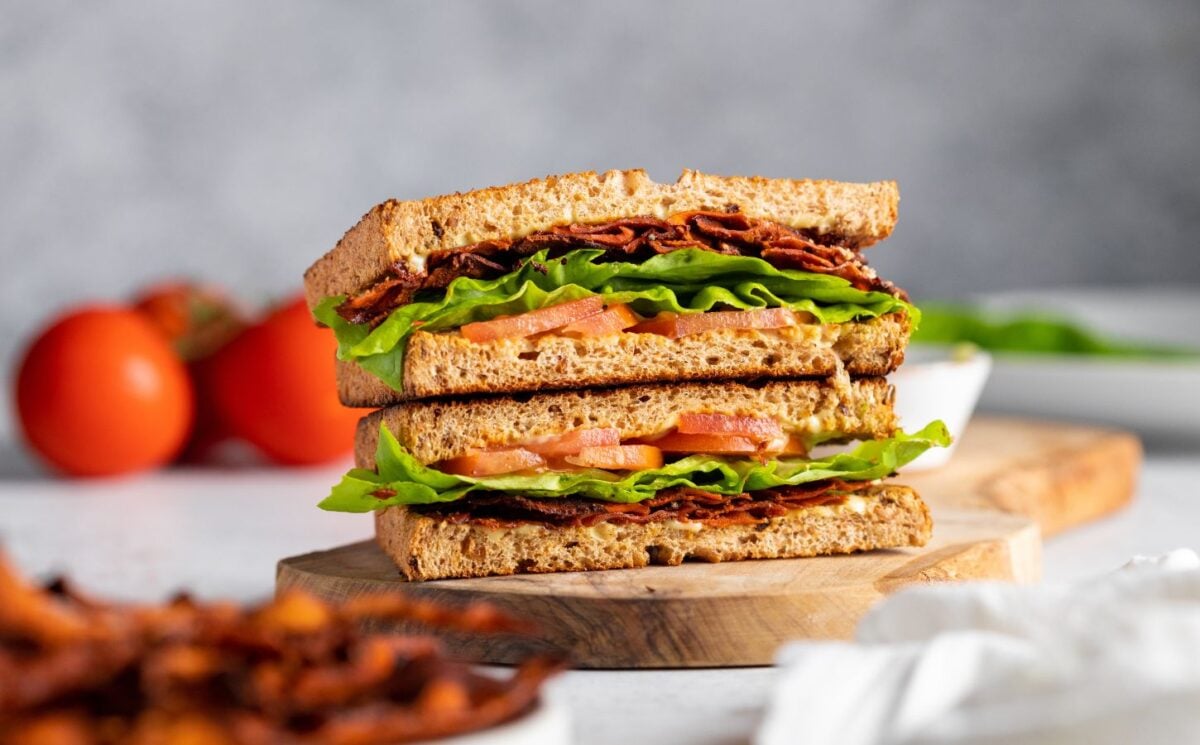 a picture of a carrot bacon BLT with carrot bacon and vegan mayo