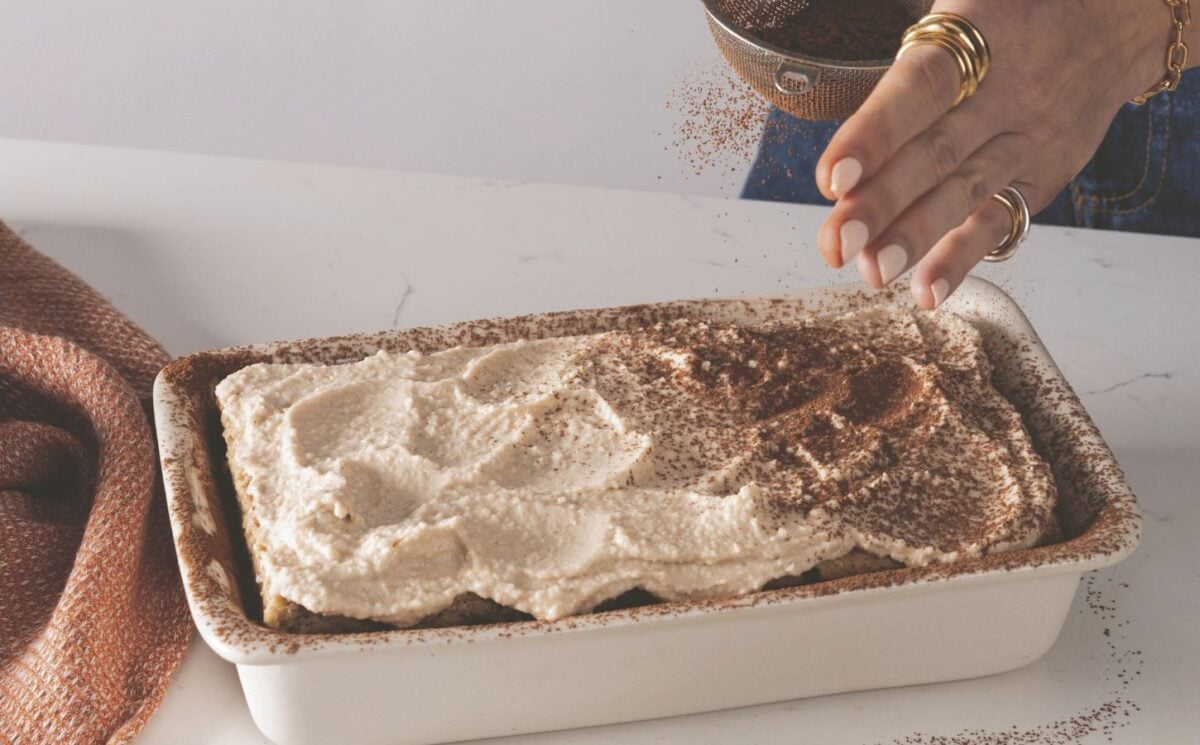 a dish full of cheat's tiramisu, a high-protein and plant-based dessert