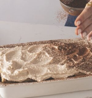 a dish full of cheat's tiramisu, a high-protein and plant-based dessert