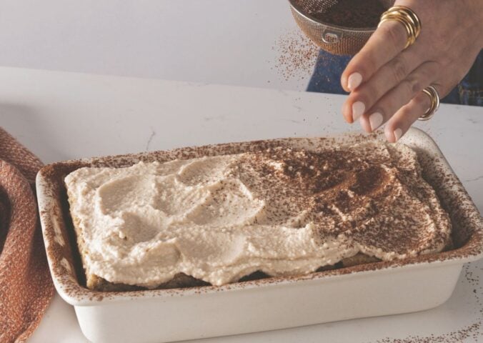 a dish full of cheat's tiramisu, a high-protein and plant-based dessert