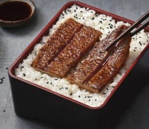 Photo shows Forsea's cultured seafood product, eel, or unagi, served over rice