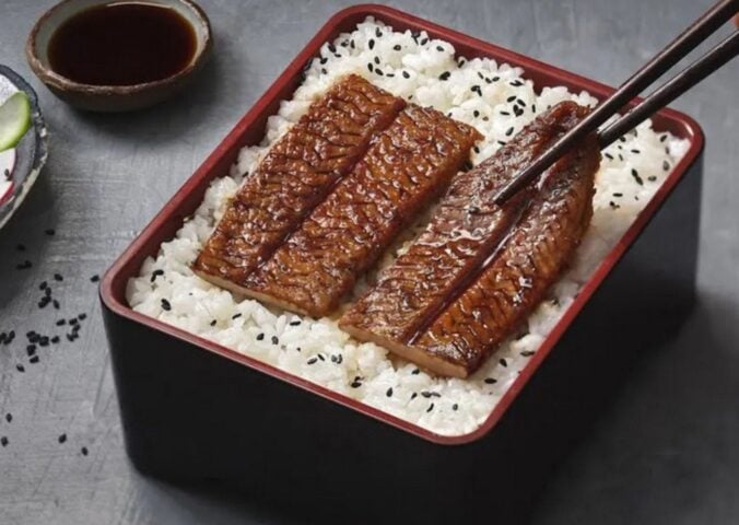 Photo shows Forsea's cultured seafood product, eel, or unagi, served over rice