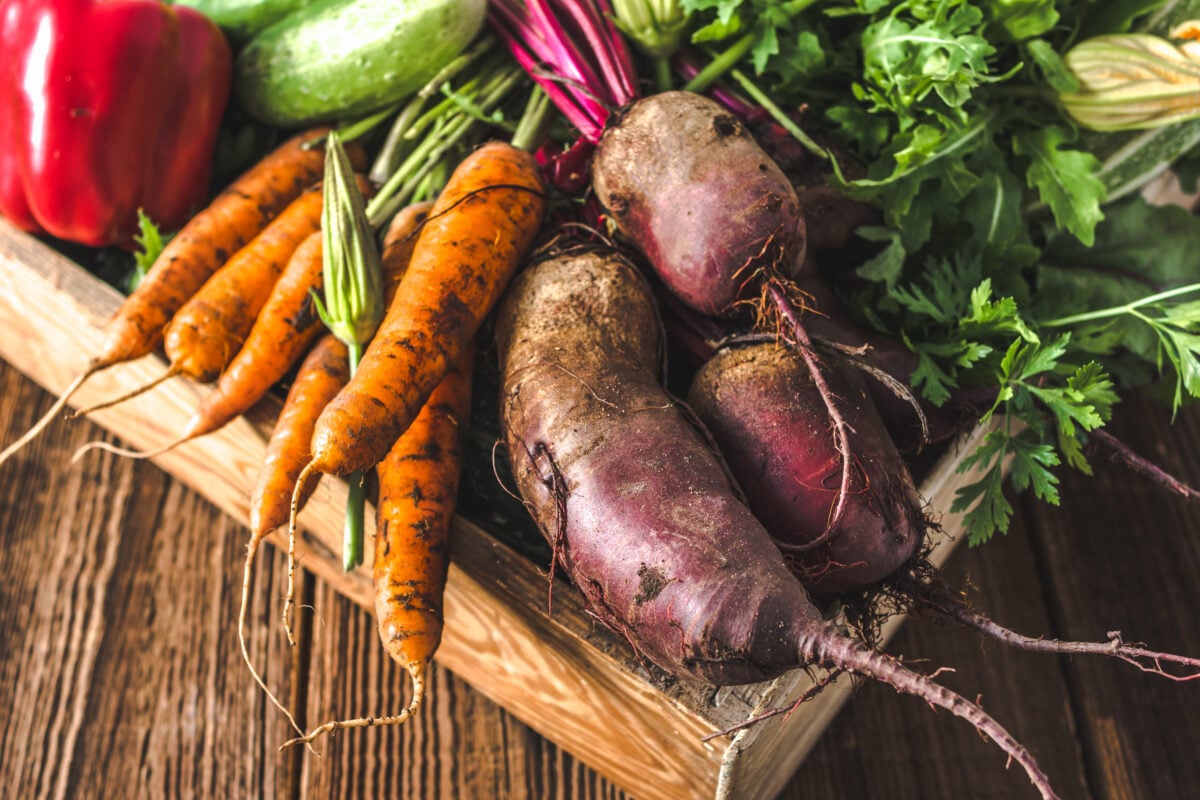 A selection of root vegetables and other salad items in a wooden tray