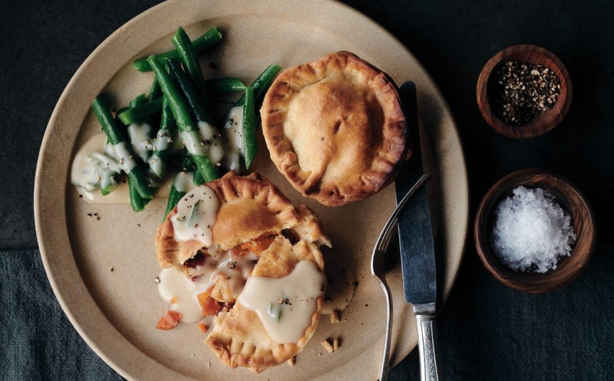 harvest veggie pot pies made with cannellini beans, butternut, cranberries, and a sage gravy