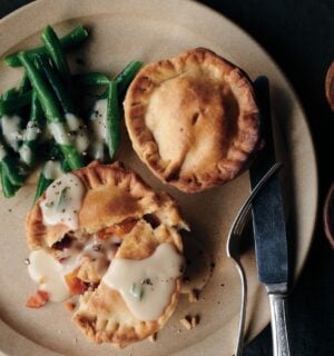 harvest veggie pot pies made with cannellini beans, butternut, cranberries, and a sage gravy