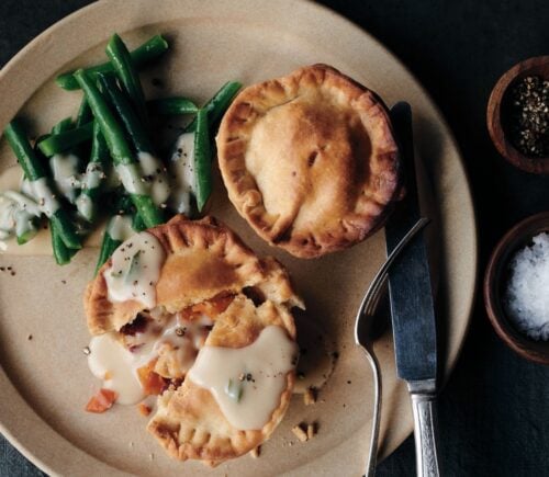 harvest veggie pot pies made with cannellini beans, butternut, cranberries, and a sage gravy