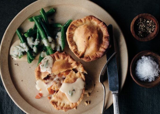 harvest veggie pot pies made with cannellini beans, butternut, cranberries, and a sage gravy