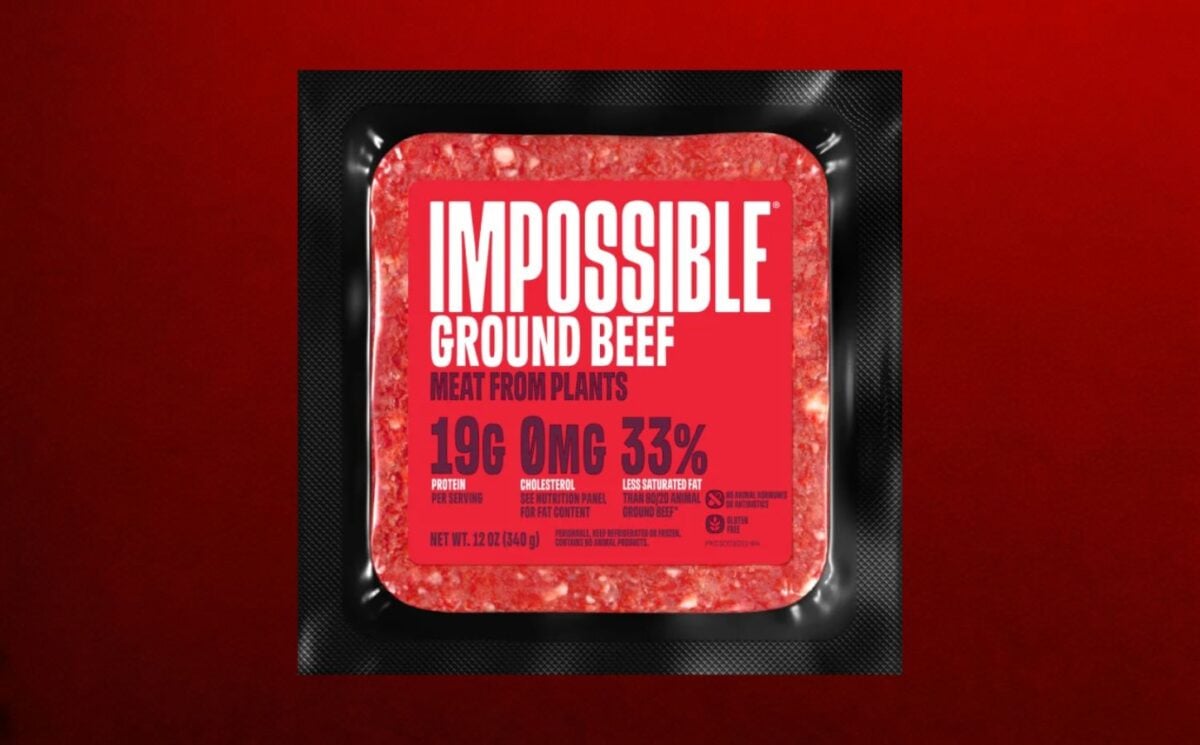 Impossible Foods "Ground Beef" in front of a dark red background