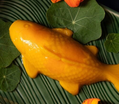 a picture of a vegan mango pudding shaped like a koi fish