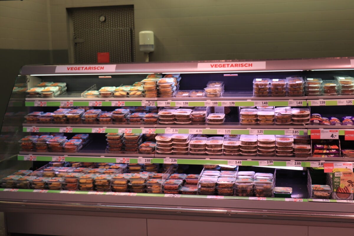 Photo shows the refrigerated vegetarian section of a Dutch supermarket