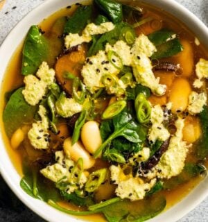 Two bowls of miso butter bean soup, a warming vegan soup recipe