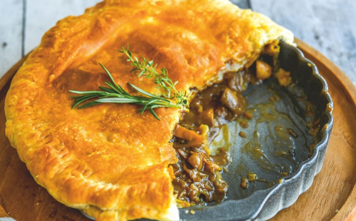 a mushroom and Guinness pie made with vegan puff pastry, cremini mushrooms, Guinness and seasonings