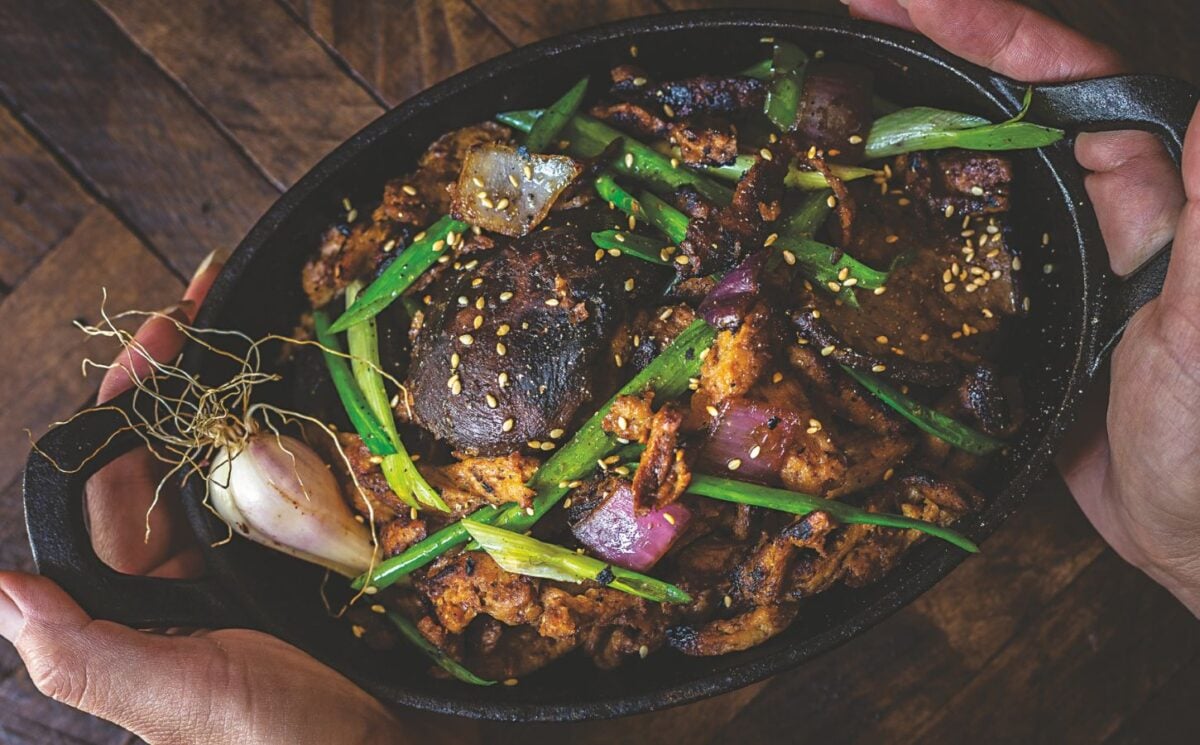 a picture of Korean mushroom bulgogi made with soy curls and shiitake mushrooms