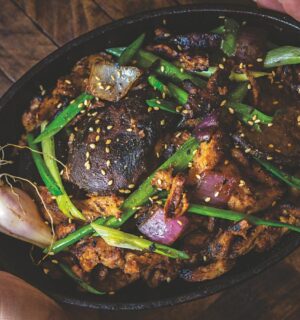 a picture of Korean mushroom bulgogi made with soy curls and shiitake mushrooms