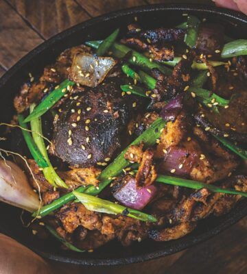 a picture of Korean mushroom bulgogi made with soy curls and shiitake mushrooms