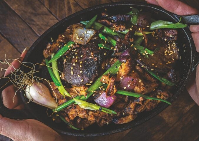 a picture of Korean mushroom bulgogi made with soy curls and shiitake mushrooms