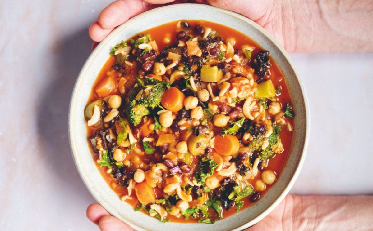 an Ikarian longevity stew filled with beans, chickpeas, lentils, kale, broccoli as one of the November vegan dinner ideas
