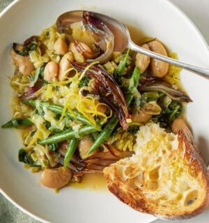 A bowl of roasted shallot and butter bean stew, a great November dinner