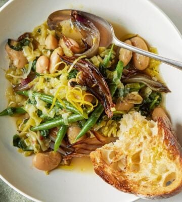 A bowl of roasted shallot and butter bean stew, a great November dinner