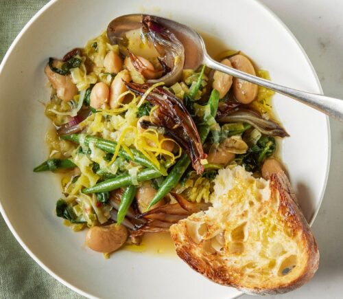 A bowl of roasted shallot and butter bean stew, a great November dinner