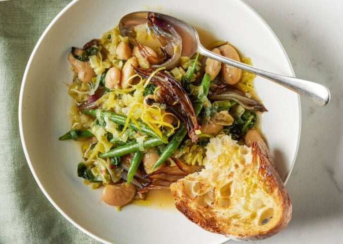 A bowl of roasted shallot and butter bean stew, a great November dinner