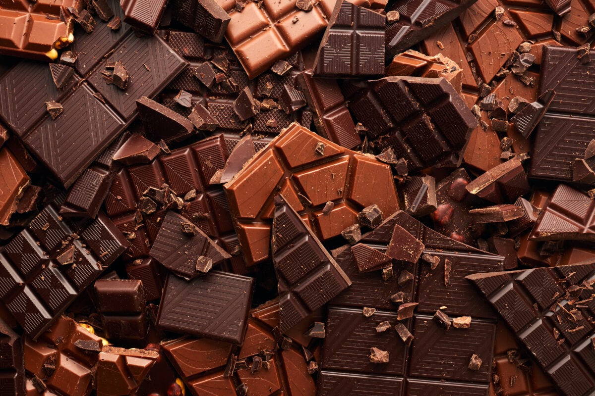 Photo shows a selection of broken chocolate bars of differing sizes and colors