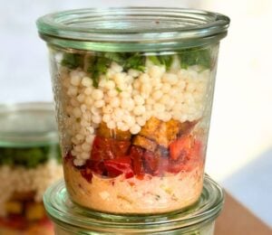 A jarred couscous salad, a vegan office packed lunch idea