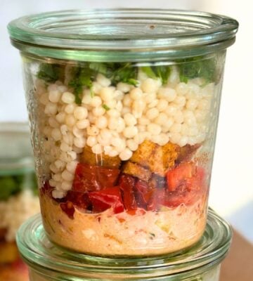 A jarred couscous salad, a vegan office packed lunch idea