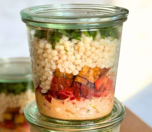 A jarred couscous salad, a vegan office packed lunch idea