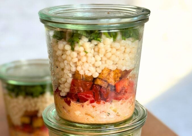 A jarred couscous salad, a vegan office packed lunch idea