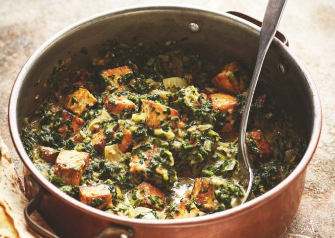 a pot of vegan palak paneer made with tofu and spinach