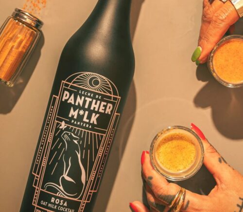 A bottle of vegan oat milk-based liqueur "Panther M*lk"