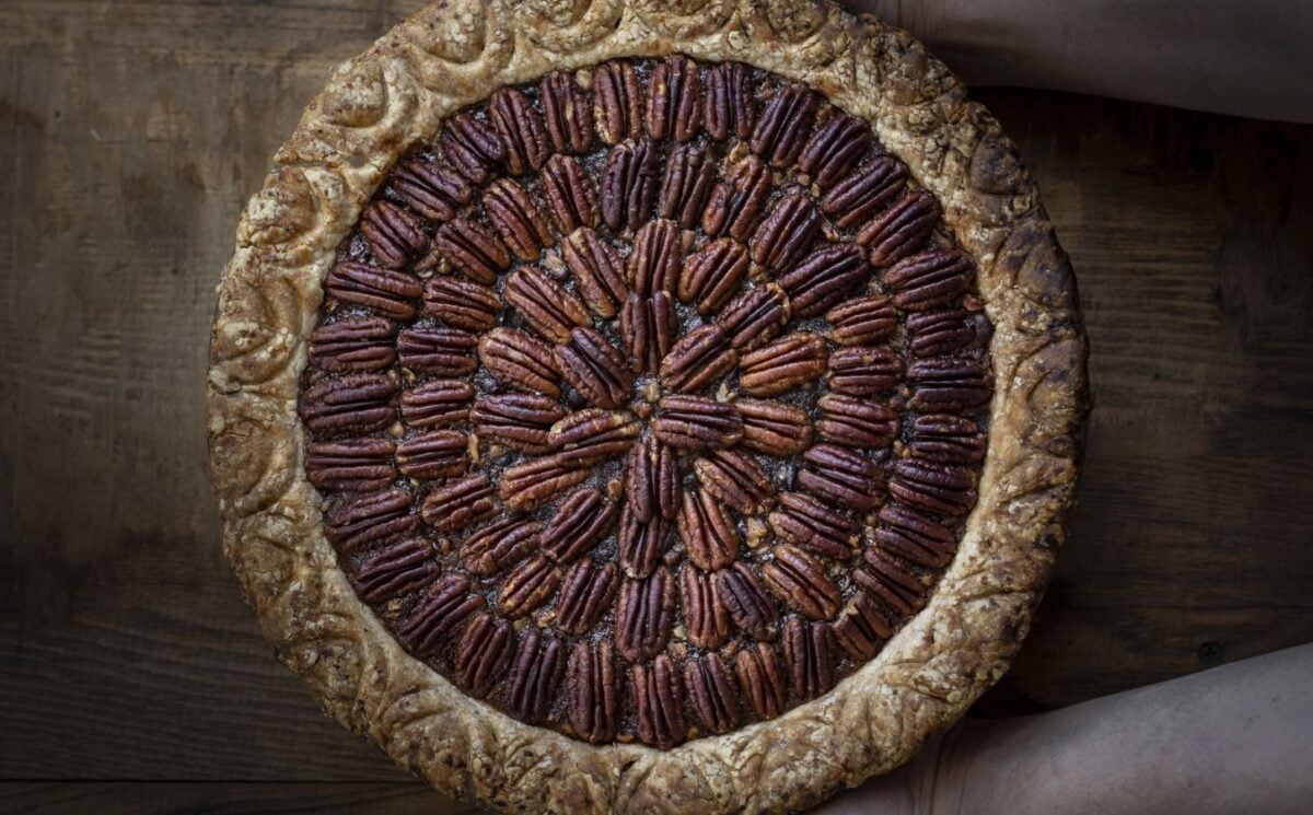 a picture of a pecan pie made with red bean paste or paht