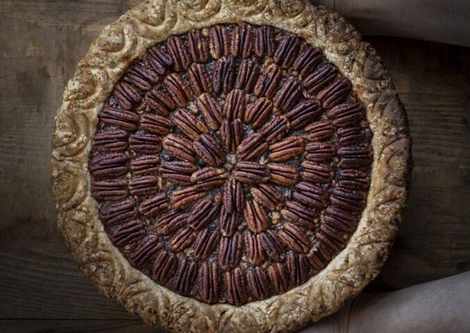 a picture of a pecan pie made with red bean paste or paht