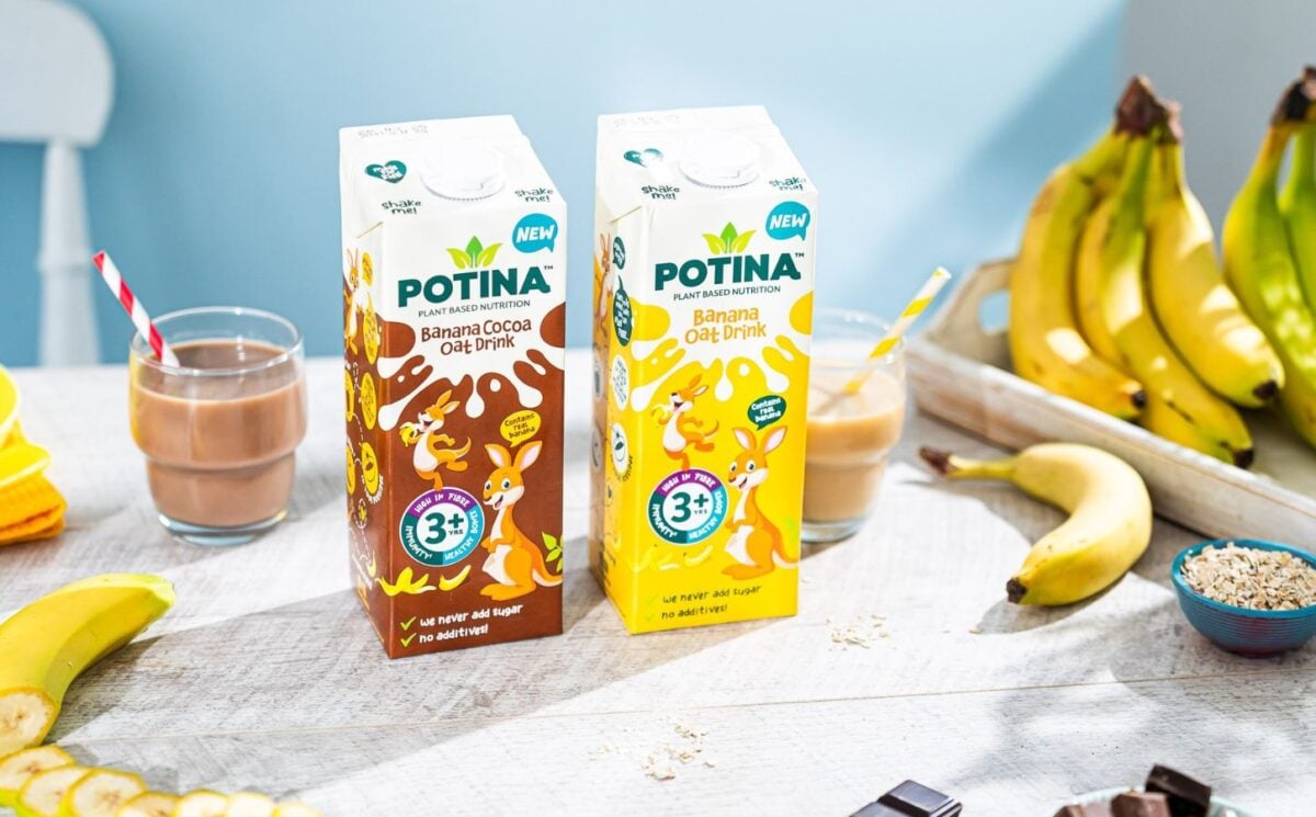 Photo shows both flavors of the new Potina drink on a table with a glass and several bananas