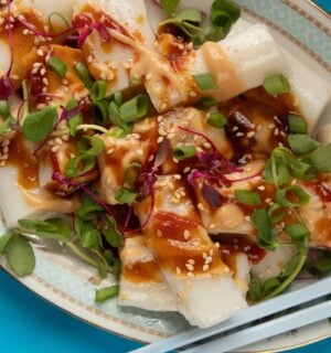 a picture of rice noodle rolls served with peanut and hoisin sauce and topped with spring onion