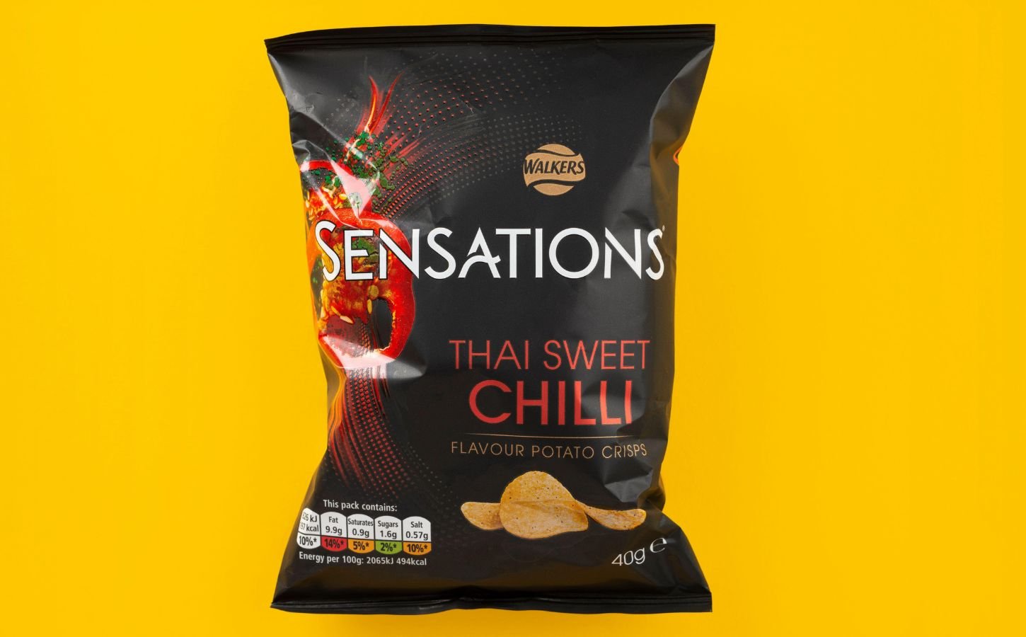 A packet of Thai Sweet Chilli Sensations in front of a yellow background