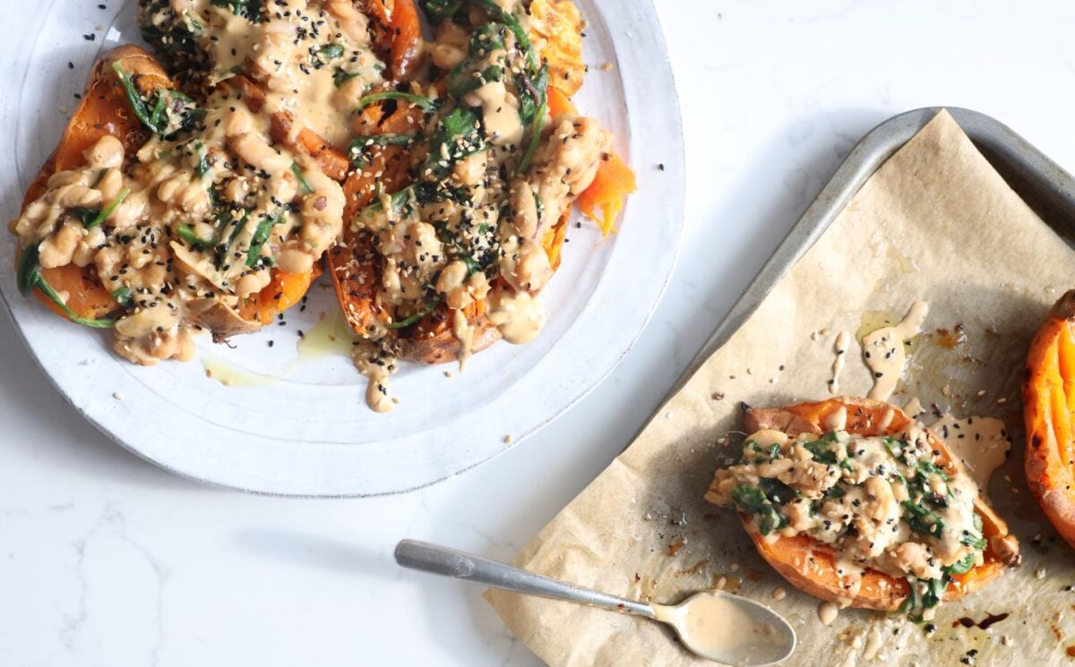 Vegan smashed sweet potatoes, a plant-based tahini recipe