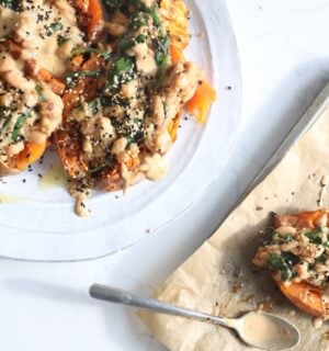 Vegan smashed sweet potatoes, a plant-based tahini recipe