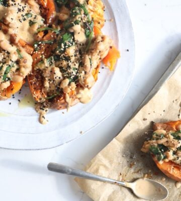 Vegan smashed sweet potatoes, a plant-based tahini recipe