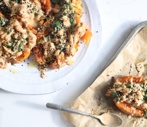 Vegan smashed sweet potatoes, a plant-based tahini recipe