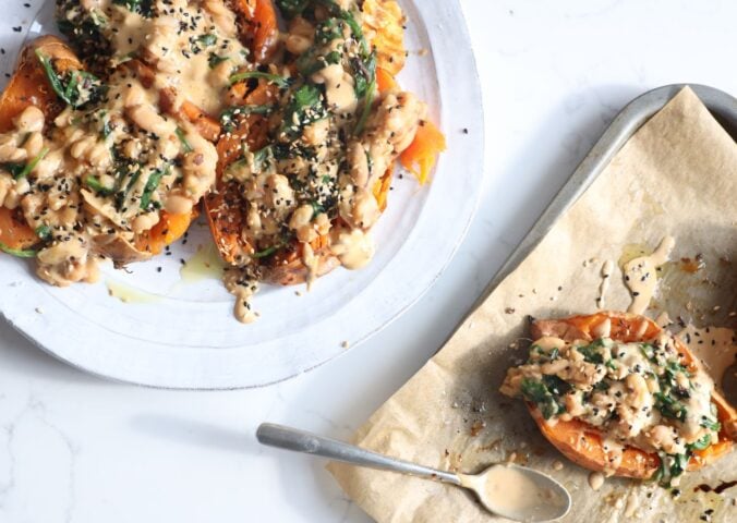 Vegan smashed sweet potatoes, a plant-based tahini recipe