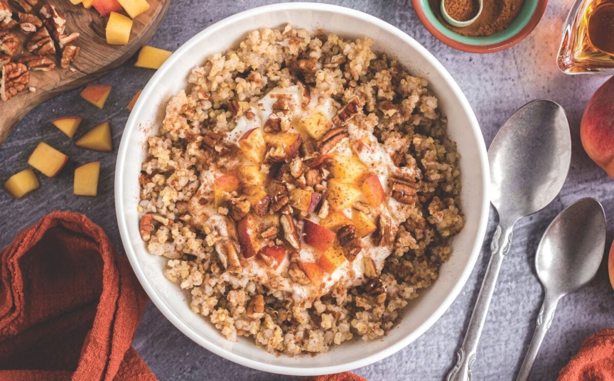 a picture of a three-grain peaches and cream breakfast bowl