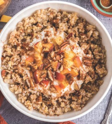 a picture of a three-grain peaches and cream breakfast bowl