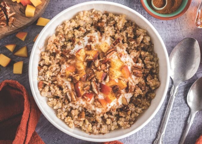 a picture of a three-grain peaches and cream breakfast bowl