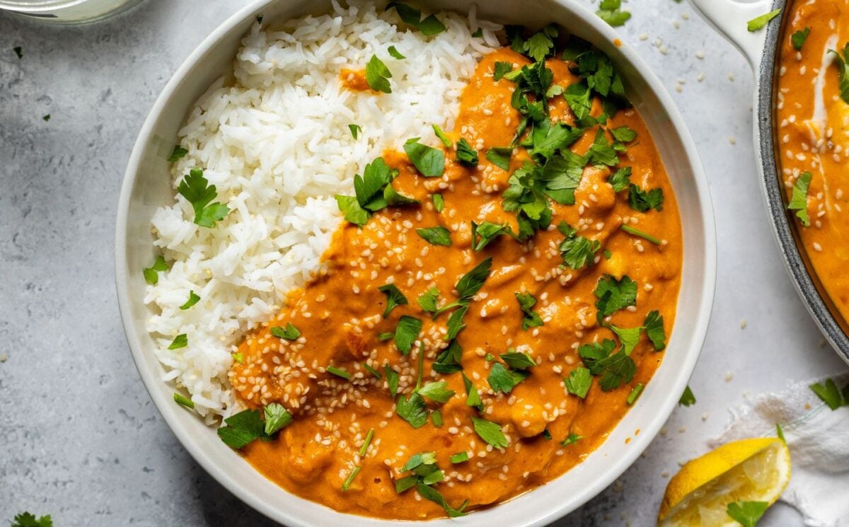 A vegan butter chickpea curry made with a dairy-free recipe