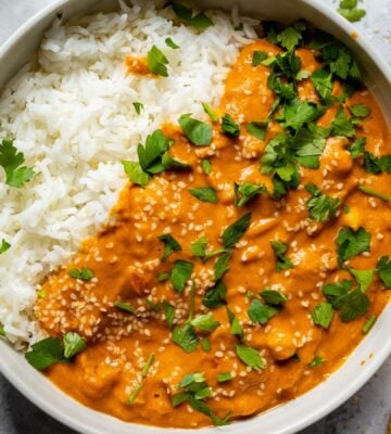 A vegan butter chickpea curry made with a dairy-free recipe