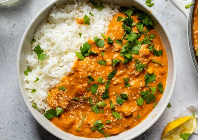 A vegan butter chickpea curry made with a dairy-free recipe